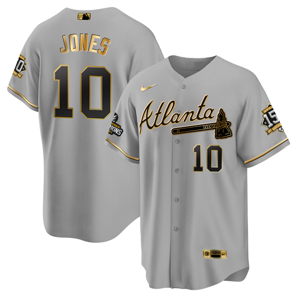 Men's Atlanta Braves #10 Chipper Jones 2021 Grey/Gold World Series Champions With 150th Anniversary Patch Cool Base Stitched Jersey
